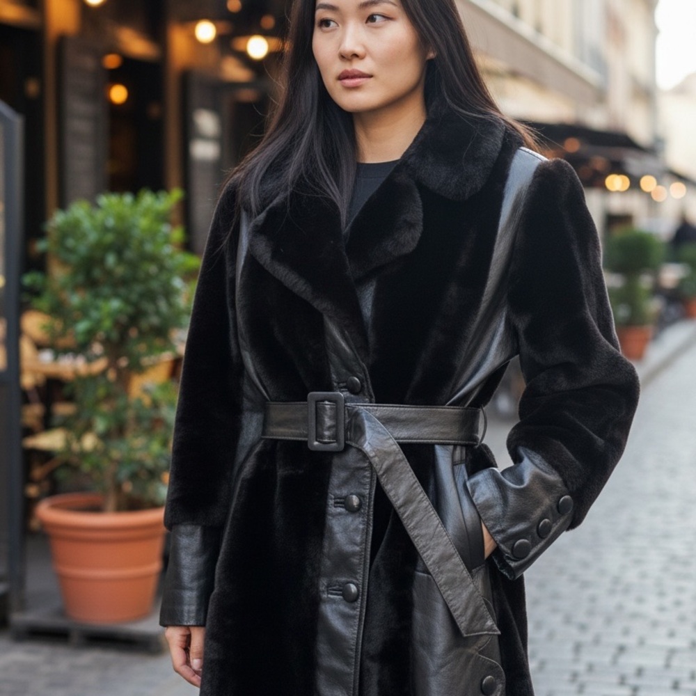 Elegant Brown Custom Made- Faux Fur and Authentic Leather Women's Coat